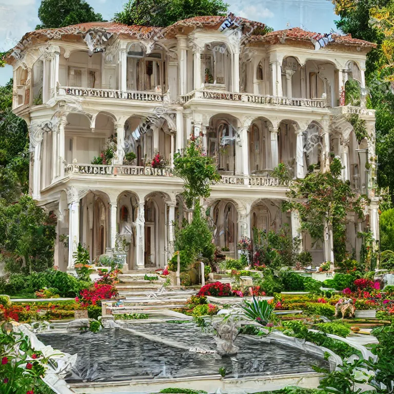 Image similar to a beautiful painting of a beautiful house with beautiful architecture and various architectural inserts architectural heritage with a beautiful delightful garden, highly detailed