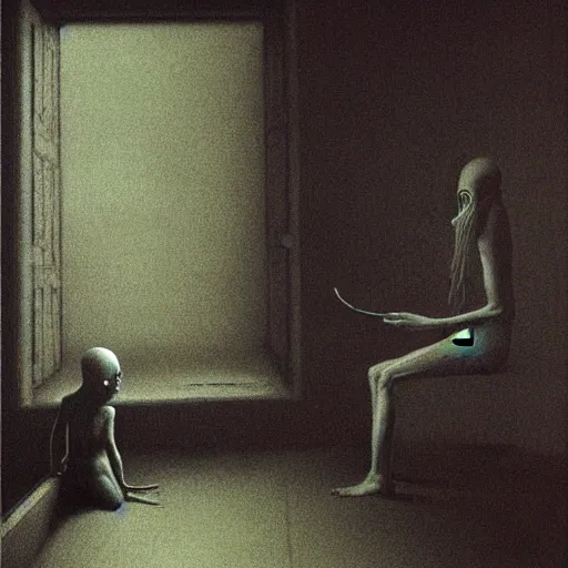 Image similar to monster in the room by zdzisław beksinski backrooms