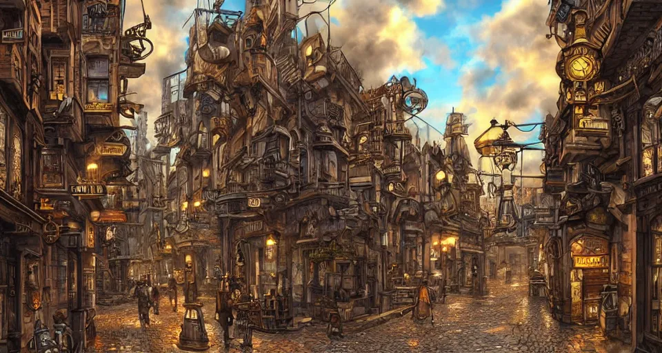 Prompt: steampunk city streets by guido borelli da caluso, trending on artstation