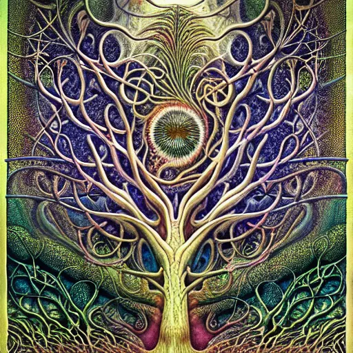 Prompt: tree of life by roger dean and andrew ferez, art forms of nature by ernst haeckel, divine chaos engine, symbolist, visionary, art nouveau, botanical fractal structures, lightning, surreality, lichtenberg figure, daniel merriam