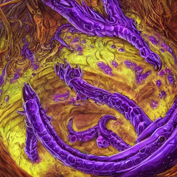 Image similar to detailed shot inside a goddess mecha dragon's cavernous living stomach, the walls purple and pulsing, slimy and hot, lots of acid pooling up on the floor, digesting a bunch of human, food pov, micro pov, vore, digital art, furry art, high quality, 8k 3D realistic, macro art, micro art, Furaffinity, Deviantart, Eka's Portal, G6