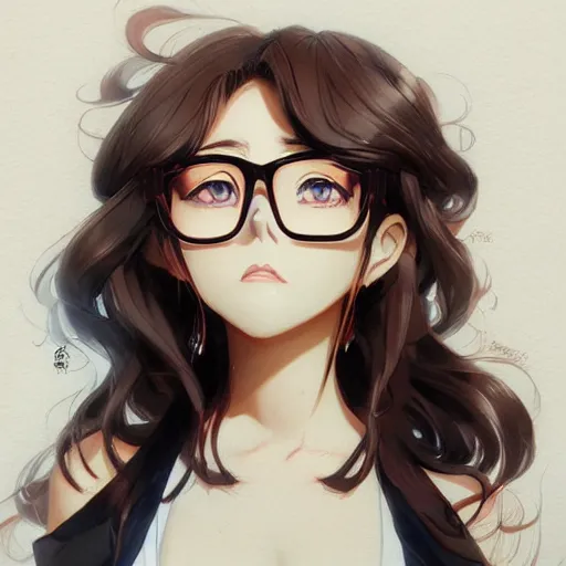 Prompt: An anime drawing of a chubby beautiful woman with shoulder-length curly dark brown hair, brown eyes, and glasses, by Stanley Artgerm Lau, WLOP, Rossdraws, James Jean, Andrei Riabovitchev, Marc Simonetti, and Sakimi chan, trending on artstation