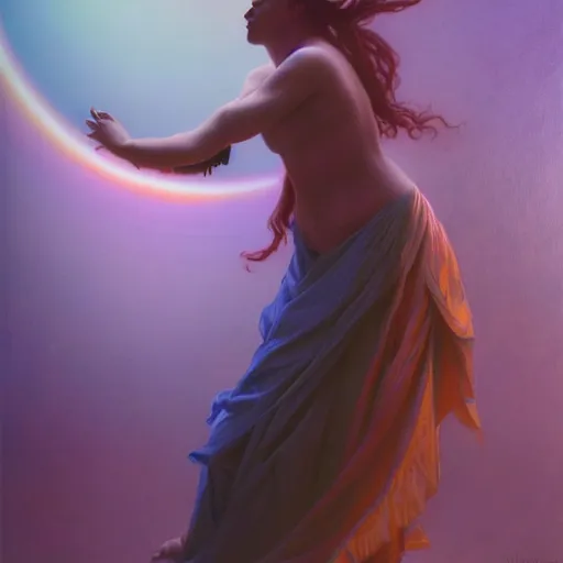 Prompt: concept art painting of a beautiful figure called the moonbow queen, a rainbow in the dark, colorful, by Michael Whelan, William Adolphe Bouguereau, and Donato Giancola, highly rendered, beautiful, cyberpunk, artstation, extremely moody lighting, glowing light and shadow, atmospheric, shadowy, cinematic, 8K