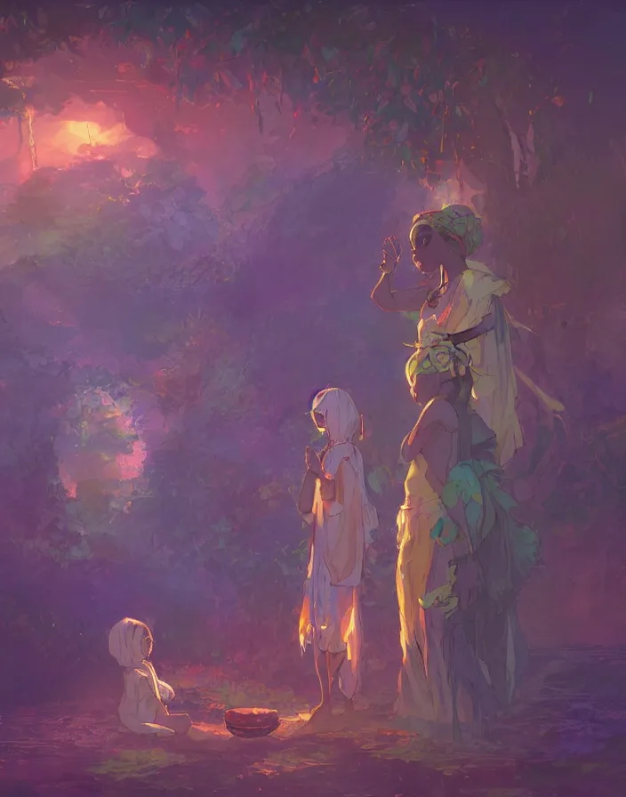 Image similar to african princess giving an offering to a heavenly being, environment concept art, ethereal anime, high detail impressionist style, dreamy light color palette, style of studio ghibli and moebius, concept art stunning atmosphere, trending on artstation, volumetric light