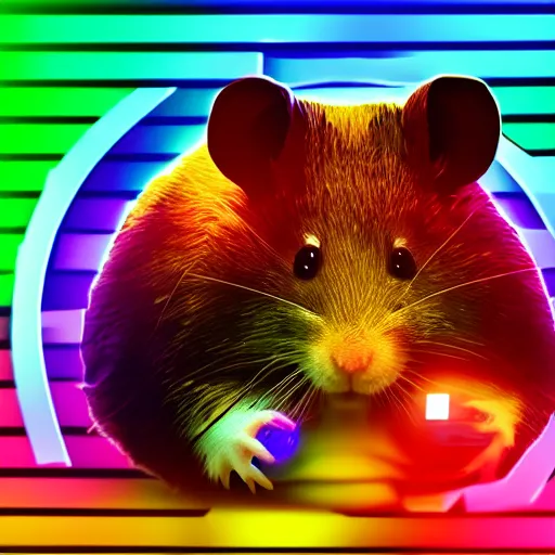 Image similar to cyberpunk hamster! holding rainbow! gem! crystal, neon lights, light reflection, 8 k, hd