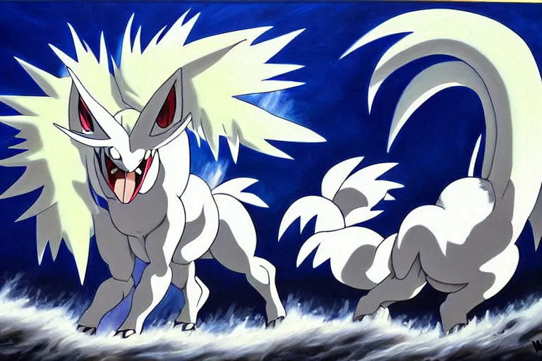 Image similar to a dramatic and detailed oil painting of absol from pokemon and a natural disaster. color manga by wayne reynolds and ken sugimori | absol has white fur, spurs, a sheep's face, each of it's four limbs ends in large paws with three clawed talons, the floof of a white silkie chicken shaped like a sleek edgy wolf