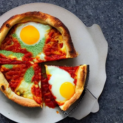 Image similar to a delicious fried egg deep dish pizza with green ketchup sauce.