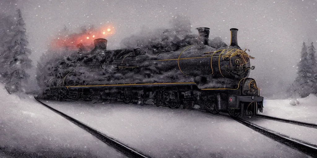 Image similar to ultra realistic illustration, a heavy steam train in the snow under a blizzard, snow landscape, elegant, highly detailed, artstation, concept art, smooth, sharp focus, moody, dramatic lighting