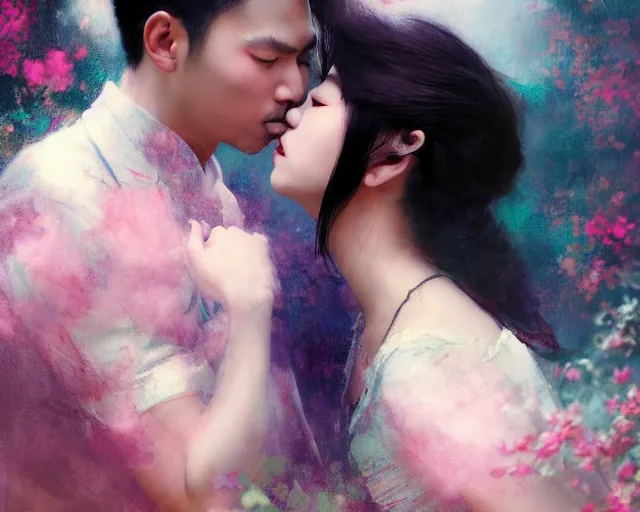 Image similar to photography of asian couples kissing each other, deep focus, d & d, presented as magazine collage style, volumetric light, colourful, sharp, detailed, digital painting by rolf armstrong, jeremy lipkin and michael garmash, rob rey and kentaro miura style
