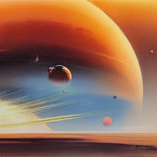 Image similar to painting of a spaceship approaching a dusty reddish brown crater, john berkey