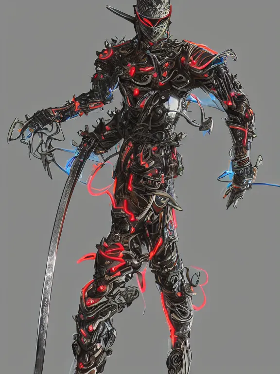 Image similar to full body front view portrait of natural, bio - mechanical ninja samurai, nature and cyber, character design, correct anatomy, concept art, digital illustration, ray tracing, ultra detailed, fantasy, neon lighting, intricate and highly detailed, coloured with lots of colour, pose, fantasy, sharp focus,