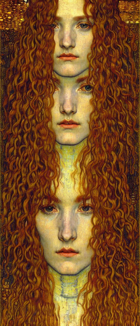 Image similar to detailed realistic beautiful young medieval queen face portrait by jean delville, gustav klimt and vincent van gogh, art nouveau, symbolist, visionary, gothic, pre - raphaelite, muted earthy colors, desaturated