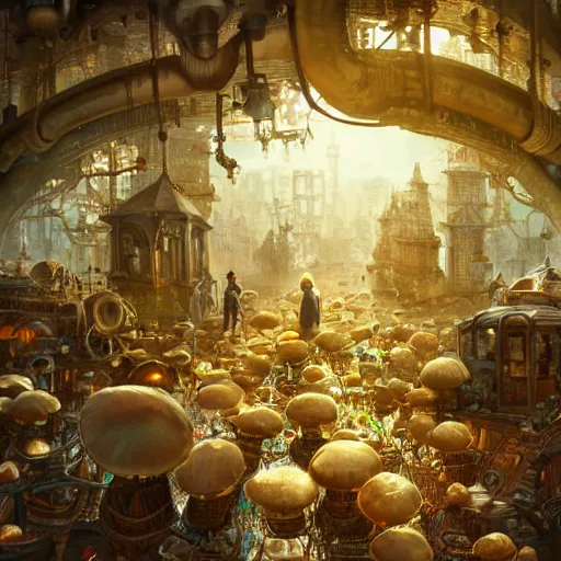 Image similar to a magical city of mushrooms ,cute ,clean and clear,in steampunk city by Greg rutkowski,sung Choi, 8k photo realistic, cinematic lighting, hd ,high details, atmospheric, trending on artstation, glowing effect, devinart, golden ratio, rule of thirds