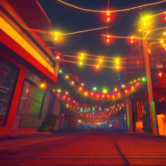 Image similar to Downtown Mexico, string lights, colorful lighting, night, realism, rule of thirds photo, intricate abstract, ((gta 5 screenshot house)), by Tooth Wu, by Greg Rutkowski, studio Ghibli
