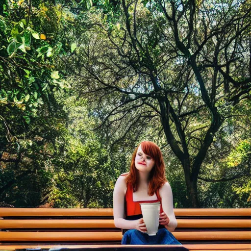 Image similar to Emma Stone sitting on a bench and drinking coffee in a park filled with trees, sharp focus, highly detailed, 4K, colorful, portrait photography, medium shot