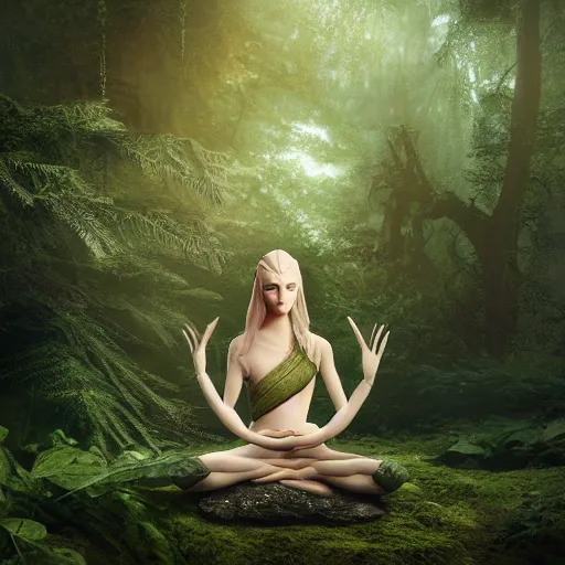 Prompt: elven princess meditating in forest, digital art, octane render, ultra detailed, intricate, sacred geometry, serene, beautiful