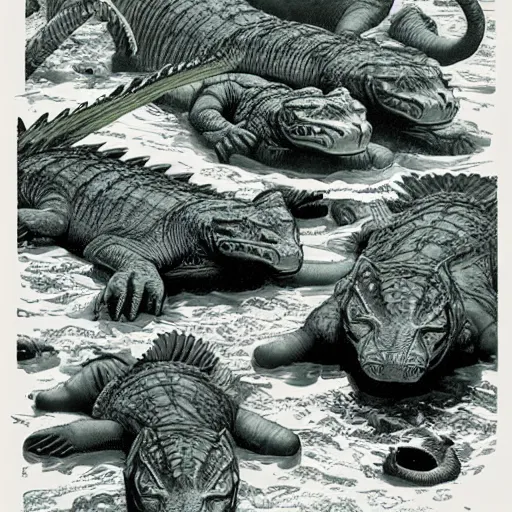 Image similar to battalion of tabby cats swimming downstream to do battle with a giant cayman crocodile silkscreened poster lithograph “ bernie wrightson ”