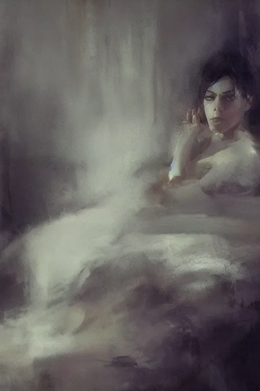 Image similar to detailed cinematic moody colors studio portrait of a lady in bed, high quality by jeremy mann, only one head single portrait