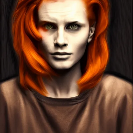 Image similar to ginger cyberpunk citizen with a determined expression, chiaroscuro portrait