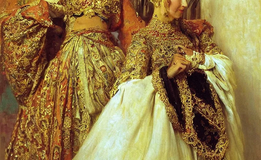 Image similar to high quality high detail painting by ilya repin, intricate costume design, orientalist, partially gold, ornate, elite, luxury, hd