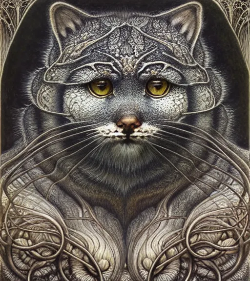Image similar to detailed realistic beautiful manul portrait by jean delville, gustave dore, iris van herpen and marco mazzoni, art forms of nature by ernst haeckel, art nouveau, symbolist, visionary, gothic, neo - gothic, pre - raphaelite, fractal lace, intricate alien botanicals, ai biodiversity, surreality, hyperdetailed ultrasharp octane render