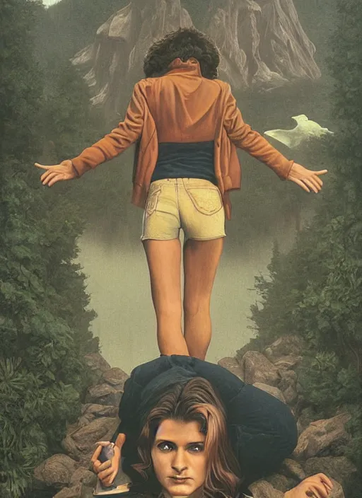 Prompt: twin peaks poster art, by michael whelan, rossetti bouguereau, artgerm, retro, nostalgic, old fashioned, 1 9 8 0 s teen horror novel cover, book, ryan gosling in letterman jacket small town being hunted