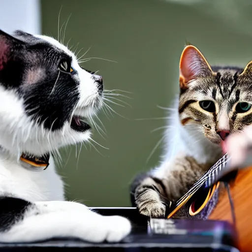 Image similar to a cat and a dog playing music on stage, professional photography