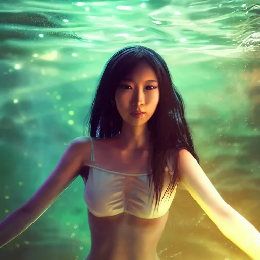 Prompt: a portrait of a full body beautiful futuristic asian girl, young with long hair, neon bioluminescence, under water, matte painting, hyper - realistic, very detailed, intricate, very sexy pose, slight smile expression, unreal engine, dramatic cinematic lighting rendered by octane, 8 k, detailed