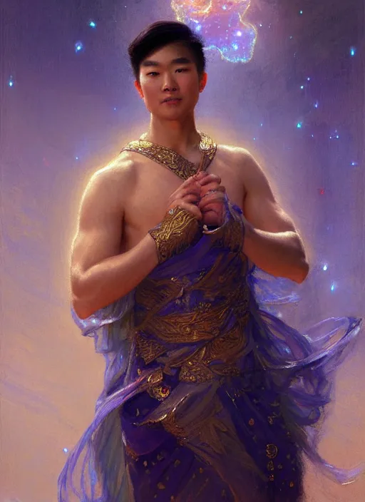 Image similar to young asian man, god of starlight, short flowing hair, modest flowing gown, smug expression, highly detailed painting by gaston bussiere, craig mullins, j. c. leyendecker 8 k, sparkling nebula