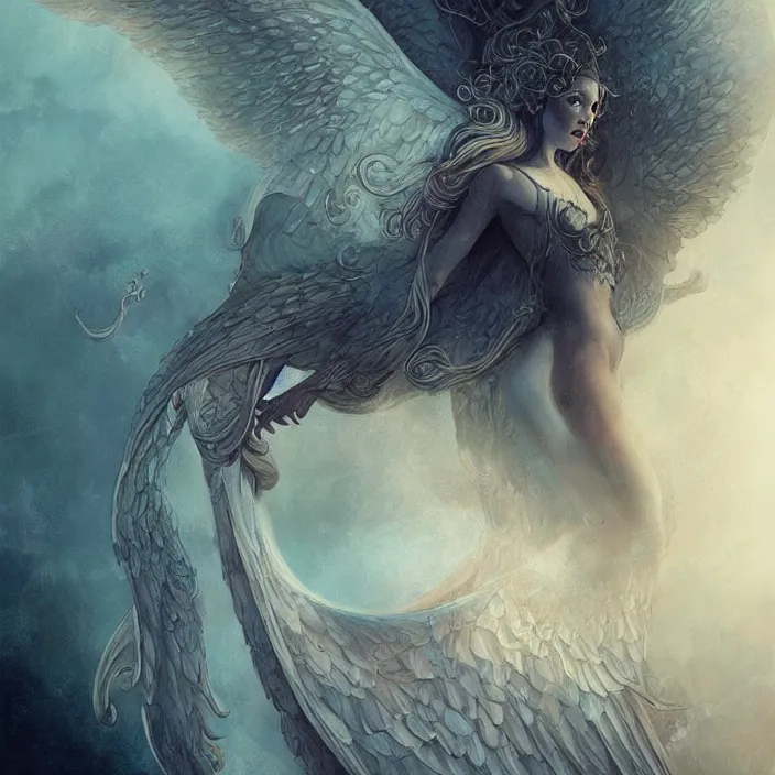 Prompt: lovecraftian angel wearing mask, full figure model with wings descending from clouds linework, dramatic lighting, charlie bowater, jack kirby, tom bagshaw, arstation trending, intricate detail, elegant flowing vapor, moebius