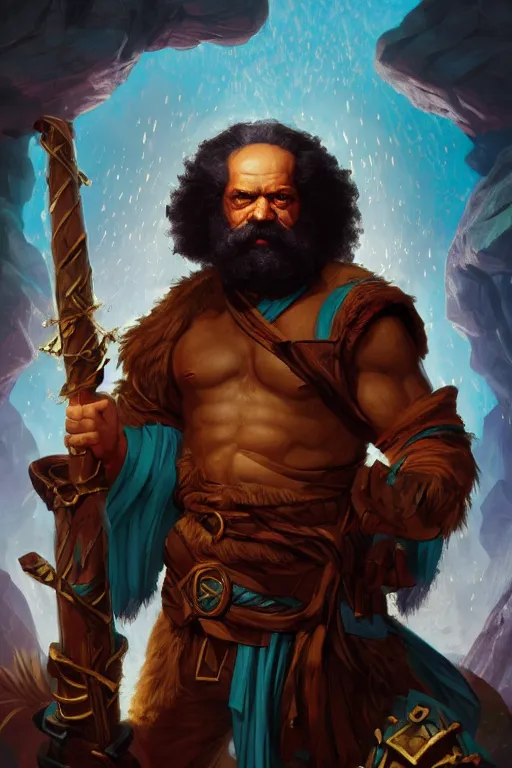 Image similar to character portrait karl marx as a buff wild magic barbarian with a third eye on the forehead and body warpaint, dungeons and dragons cover artwork, dynamic composition, dramatic lighting, trending on artstation, award winning art, stylized painting by sophie anderson, leonardo da vinci and raphael, concept art, 4 k, 8 k, gold and teal color scheme