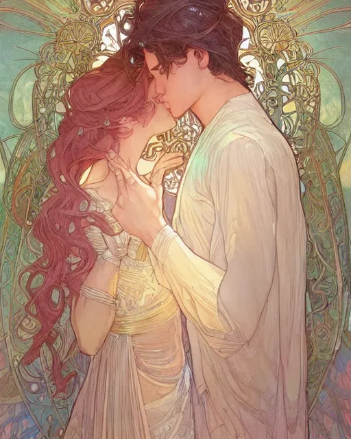 Image similar to secret romance | highly detailed | very intricate | art nouveau | gold filigree | romantic storybook fantasy | soft cinematic lighting | award - winning | disney concept art watercolor illustration by mandy jurgens and alphonse mucha and alena aenami | pastel color palette | featured on artstation