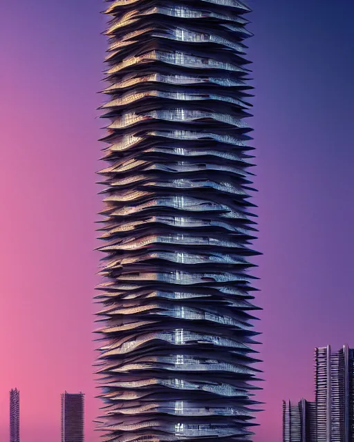 Image similar to a beautiful hyperdetailed highly detailed urbex industrial architecture tower nature building unfinished building by zaha hadid, retro sunset retrowave darkacademia at fall hyperrealism cgsociety tokyo at night thermal vision, archdaily, wallpaper, highly detailed, trending on artstation.