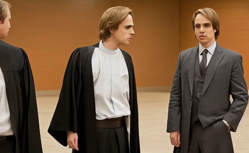 Image similar to anakin skywalker played by hayden christensen wearing jedi robes talking to a lawyer saul goodman wearing a suit in court, better call saul court scene 1 0 8 0 p, jimmy mcgill in court, court session images, realistic faces