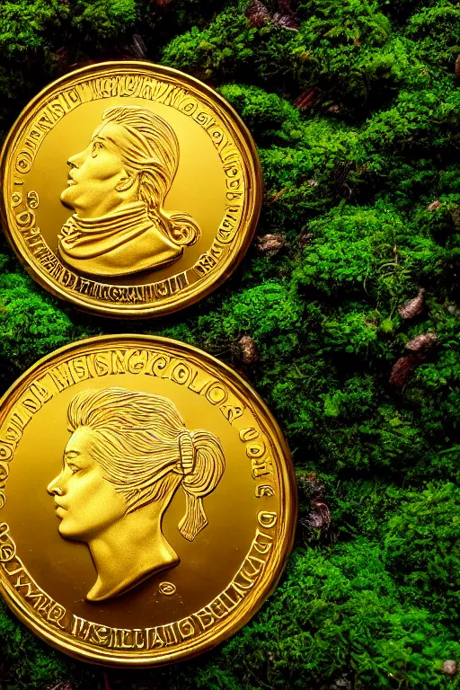 Image similar to SA magical gold coin on a bed of moss, dramatic lighting, cinematic, establishing shot, extremely high detail, foto realistic, cinematic lighting, post processed, concept art, high details, cinematic, 8k resolution, beautiful detailed, photorealistic, digital painting, artstation, concept art, smooth, sharp focus, artstation trending, octane render, unreal engine