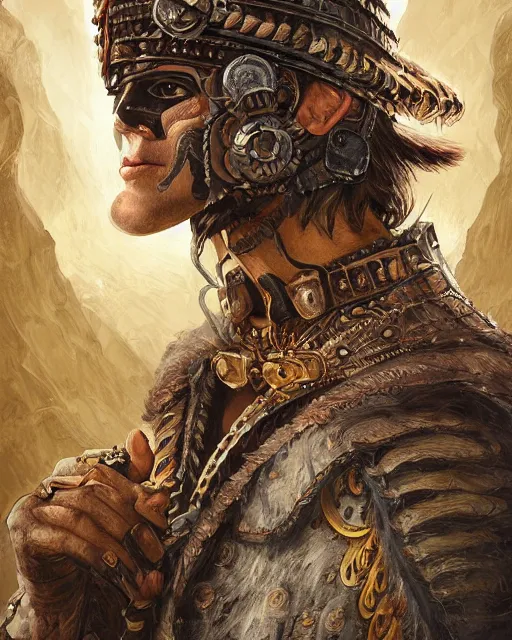 Prompt: digital painting of stunning beautful masked incan warrior, by filipe pagliuso and justin gerard, symmetric, fantasy, highly detailed, realistic, intricate, portrait, sharp focus, tarot card, face, handsome, peruvian