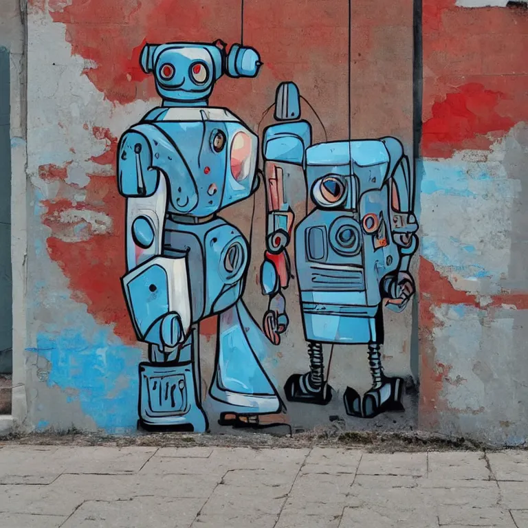 Image similar to Street-art painting of Soviet robot in style of retro futurism, photorealism