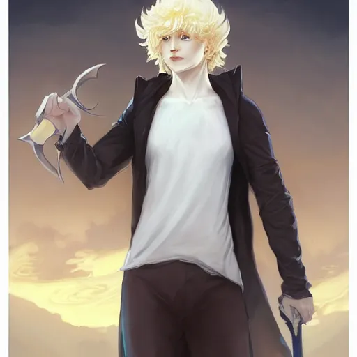 Prompt: Lucius the delicate androgynous pale blond prince league of legends on his day off, white poet shirt, long fluffy curly blond hair, highly detailed, digital painting, artstation, concept art, smooth, sharp focus, illustration, ArtStation, art by artgerm and greg rutkowski and alphonse mucha and Edmund Blair Leighton and Charlie Bowater