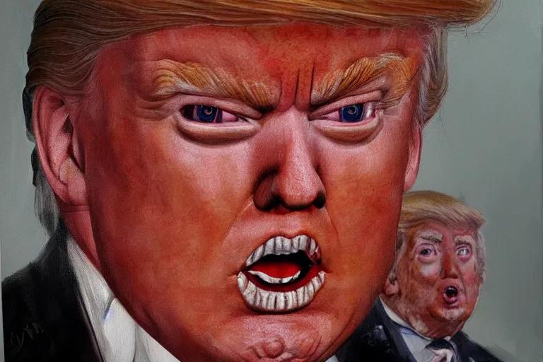 Image similar to Donald trump as the doll from Saw, oil on canvas, artstation, portrait, masterpiece, aesthetic