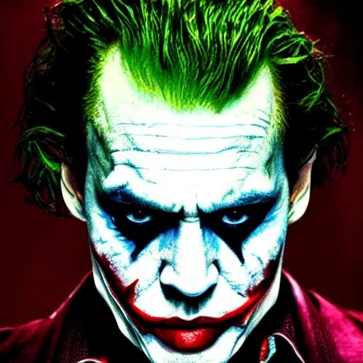 Prompt: stunning awe inspiring Johnny Depp playing The Joker 8k hdr movie still hypnotic lighting