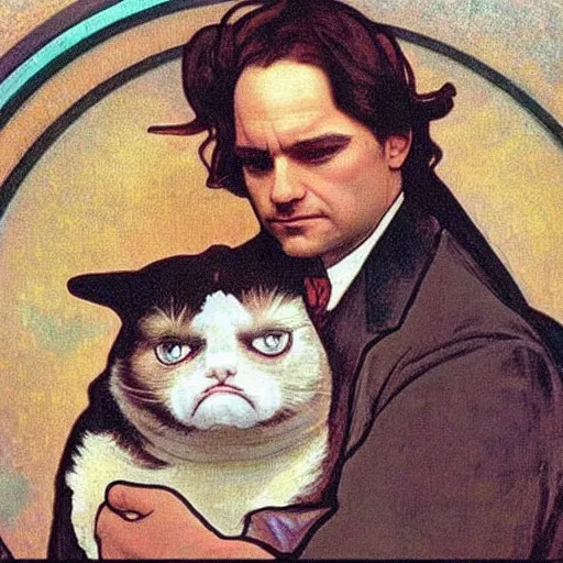 Image similar to “ portrait of george costanza holding grumpy cat, very detailed, by alphonse mucha ”