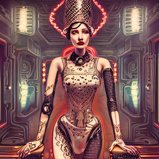 Image similar to the portrait of an absurdly graceful, sophisticated, fashionable ottomanpunk robotess idol, an ultrafine hyperdetailed illustration by kim jisu, intricate linework, neon wiring, porcelain skin, unreal engine 5 highly rendered, global illumination, radiant light, detailed and intricate environment, by rutkowski, artgerm, marvel comics