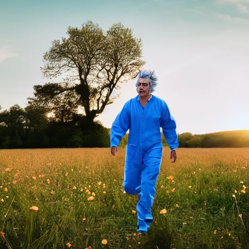 Prompt: rick sanchez in lab suit, face to camera walking in a field. france, dordogne, hills, ultra high, face to camera, detail, 8 k, sunset, flowers, trees, river, hills, octane render.