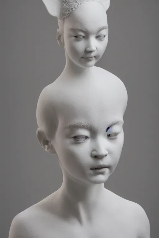 Image similar to full head and shoulders, realistic bjork porcelain ballerina sculpture, smooth, delicate facial features, white eyes, white lashes, detailed white, lots of 3 d gold chinese dragons anatomical, all white features on a white background, by daniel arsham and james jean