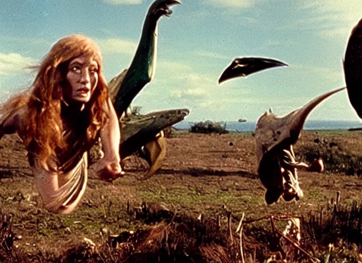 Prompt: scene from the 1971 lost world film Zeppelin Vs Pterodactyls