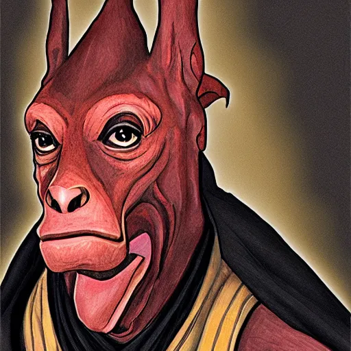 Image similar to Jar Jar Binks as a Sith Lord, portrait