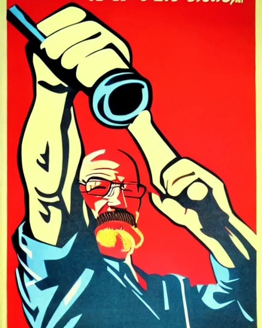 Image similar to soviet communist propaganda poster of walter white as a farmer with his closed fist up in the air, hammer and sickle, happy