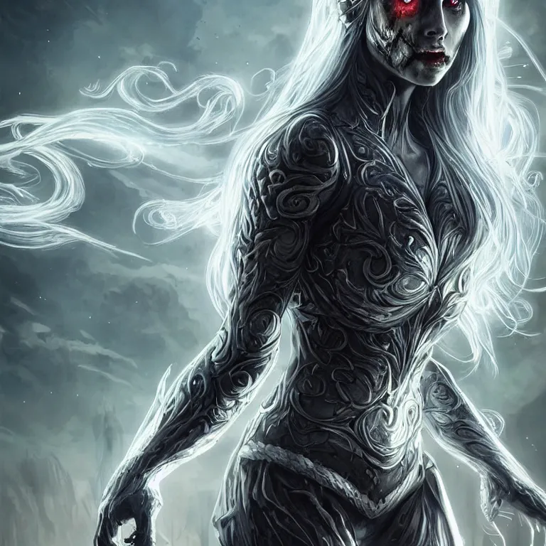 Prompt: beautiful cinematic fantasy poster, sci-fi, semi-transparent, beautiful female zombie with brilliant silver flowing hair and a brilliant jeweled silver helm, beautiful white glowing eyes, wideshot ultrawide angle epic scale, hybrid from The Elden Ring and art direction by Darius Zawadzki ;by artgerm; wayne reynolds art station; cinematic quality character render; low angle; ultra high quality model; production quality cinema model;