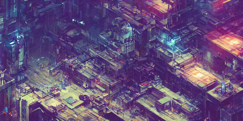 Image similar to isometric view of a cyberpunk factory filled with drone workers, busy, grimy, gritty, blade runner 2 0 4 9, trending on artstation, award winning painting, art by john berkey and anton fadeev and john howe and simon stalenhag