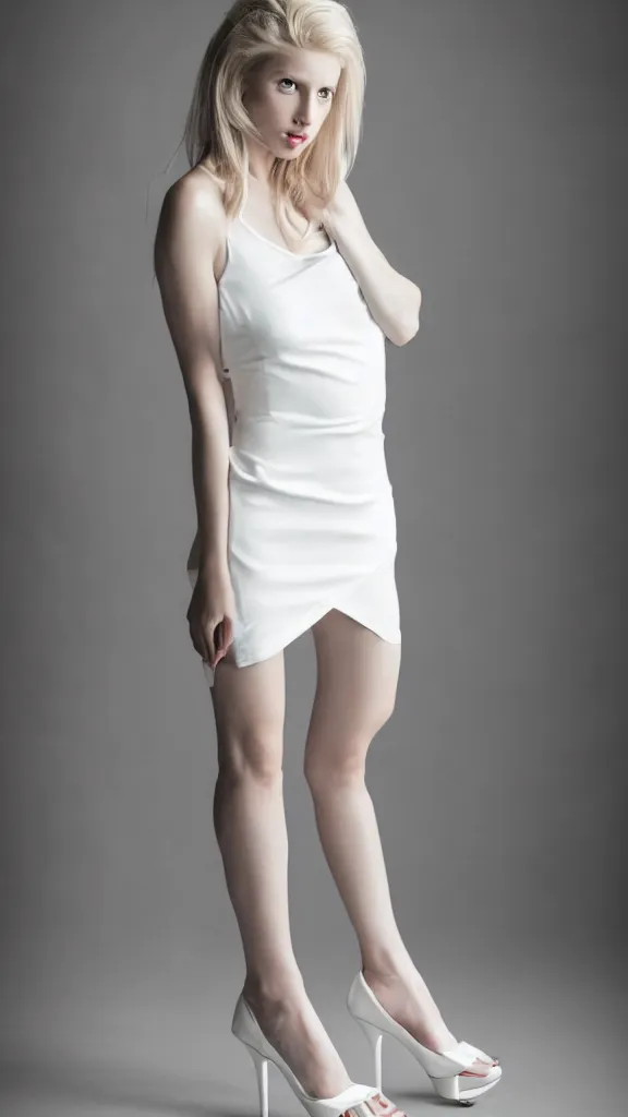 Prompt: very very very beautiful studio photo of emily skinner, looking like annie leonhart, very beautiful slim legs, open toe heels and white short dress, in a white room, pale skin, bokeh, very very very very beautiful!!, hard focus, sexy dominant pose, full body shot, 9 0 mm, f / 1. 2 5, photo by david roemer